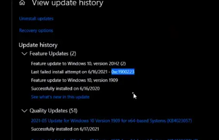 Machine generated alternative text:
View update history 
Update history 
v Feature U'Äiates (2) 
Feature to 
Last f.ikd - 
Feature to 
on 61%/2020 
Quality Updates (51) 
Windm•s 'O 1903 
SuccesstuIY instaned on 6/17/2021 