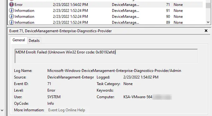 Unknown Win32 Error code: 0x80192efd