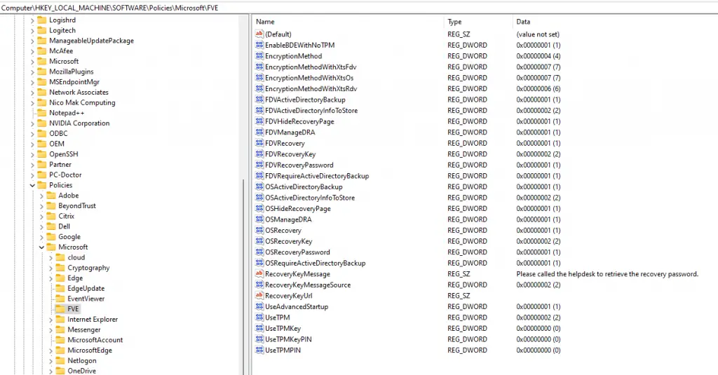 ADMX Backed Settings get set in HKEY_LOCAL_MACHINE\SOFTWARE\Policies\Microsoft\FVE